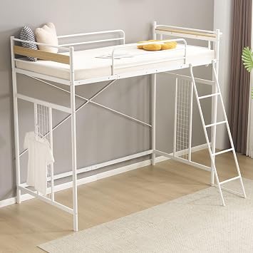 Loft Bed, Single, 3-Way Storage, Nordic Style, Steel, Shock-Resistant Design, Outlet & Mesh Panel Included, 3 Levels of Height Adjustment, Space Saving, Load Capacity 330.7 lbs 150 kg