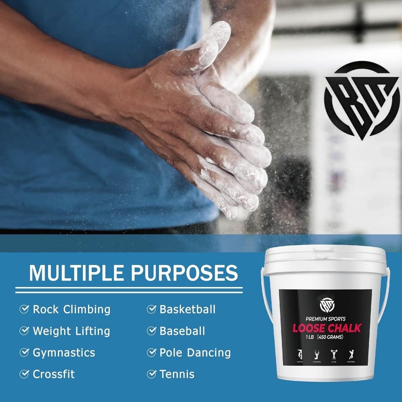 bodymechanicsglobal BM Chalk Gym Chalk Bucket with Carrying Handle - High Grip Loose Chalk for Gymnastics, Rock Climbing, Sports, Lifting, Pull-Ups, Deadlifts, Kettlebells, Pole 4