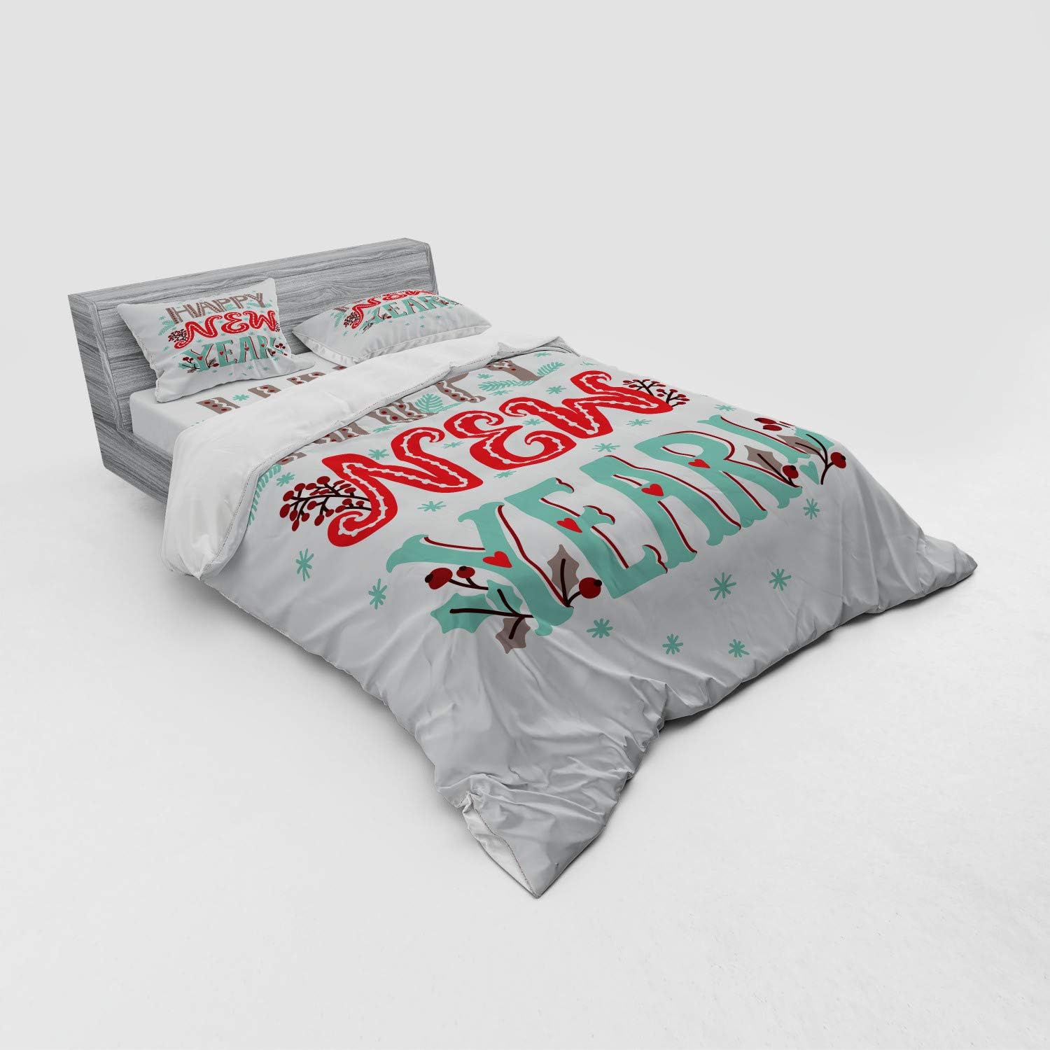 Ambesonne Happy New Year Duvet Cover Set, Typography in Ornaments Details Motifs, 4 Piece Bedding Set with Shams and Fitted Sheet, Queen Size, Vermilion Pale Teal and Pale Mauve Taupe