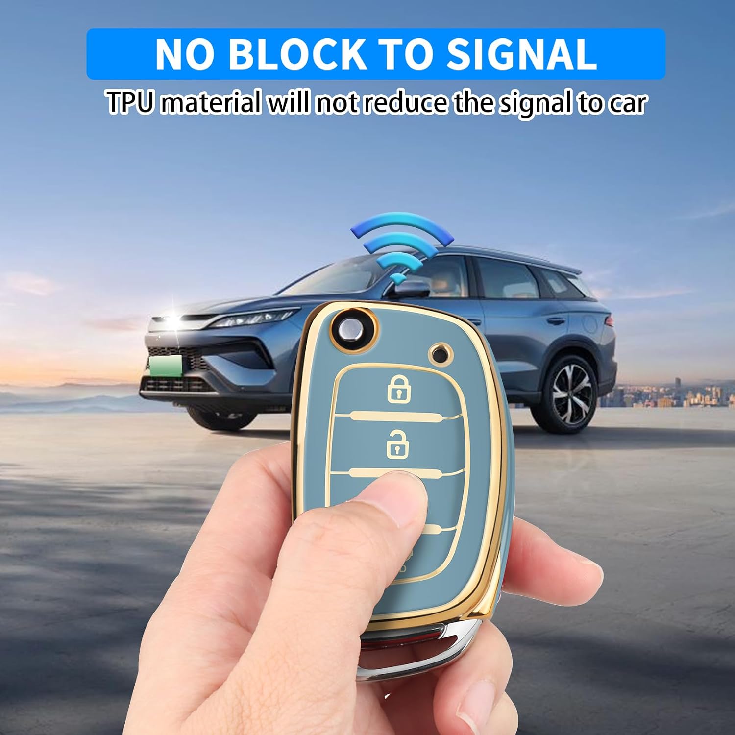 QBUC for Hyundai TPU flip Remote Key Fob Cover 4-Button (Gold-Blue) image 4