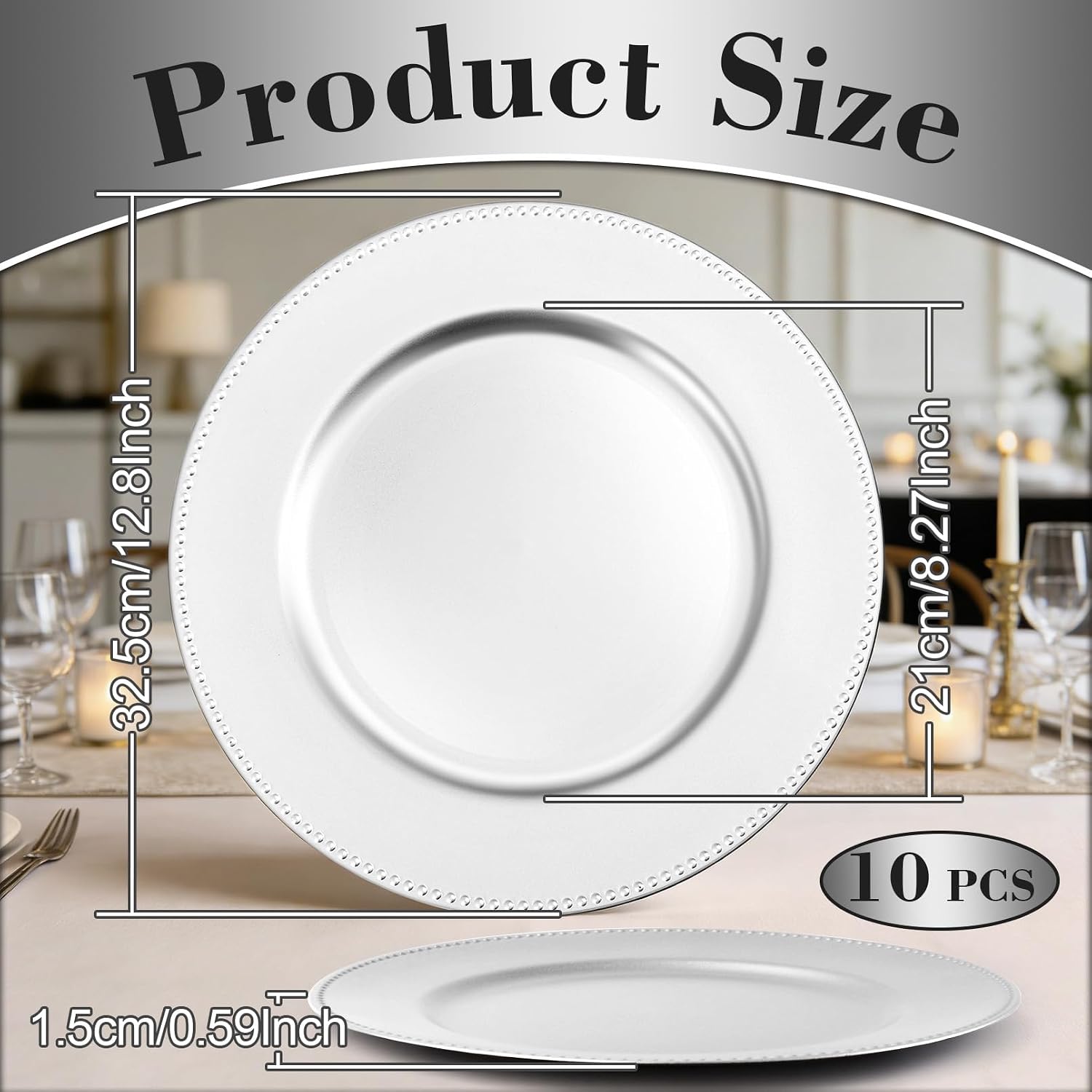 10 Pack Charger Plates Bulk, 13 Inch Silver Plastic Charger Plates