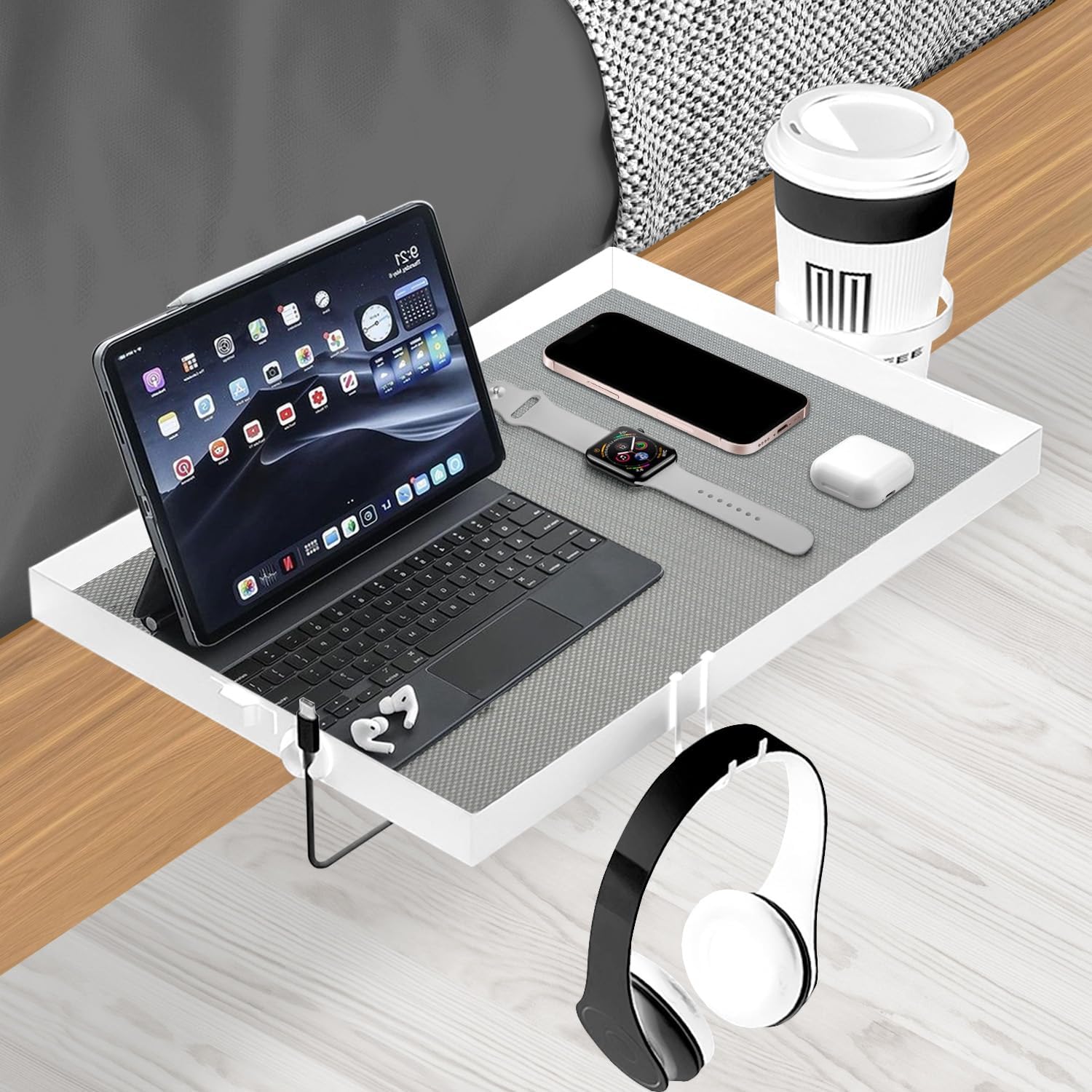 Metal Bedside Shelf for Bunk Bed & Top Bunk, Clip On Bed Side Table Tray Organizer for College Dorm Room,Loft Nightstand, Organizer Tray with Hook, Cord Clip and Cup Holder (White)