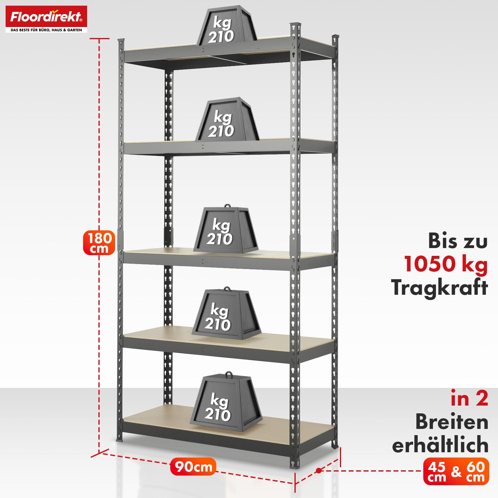 Floordirekt Regał do dużych obciążeń, regał do piwnicy, regał magazynowy ze stalowym stelażem, nośność 1050 kg (antracytowo-szary, 180 x 90 x 60 cm) Rhino