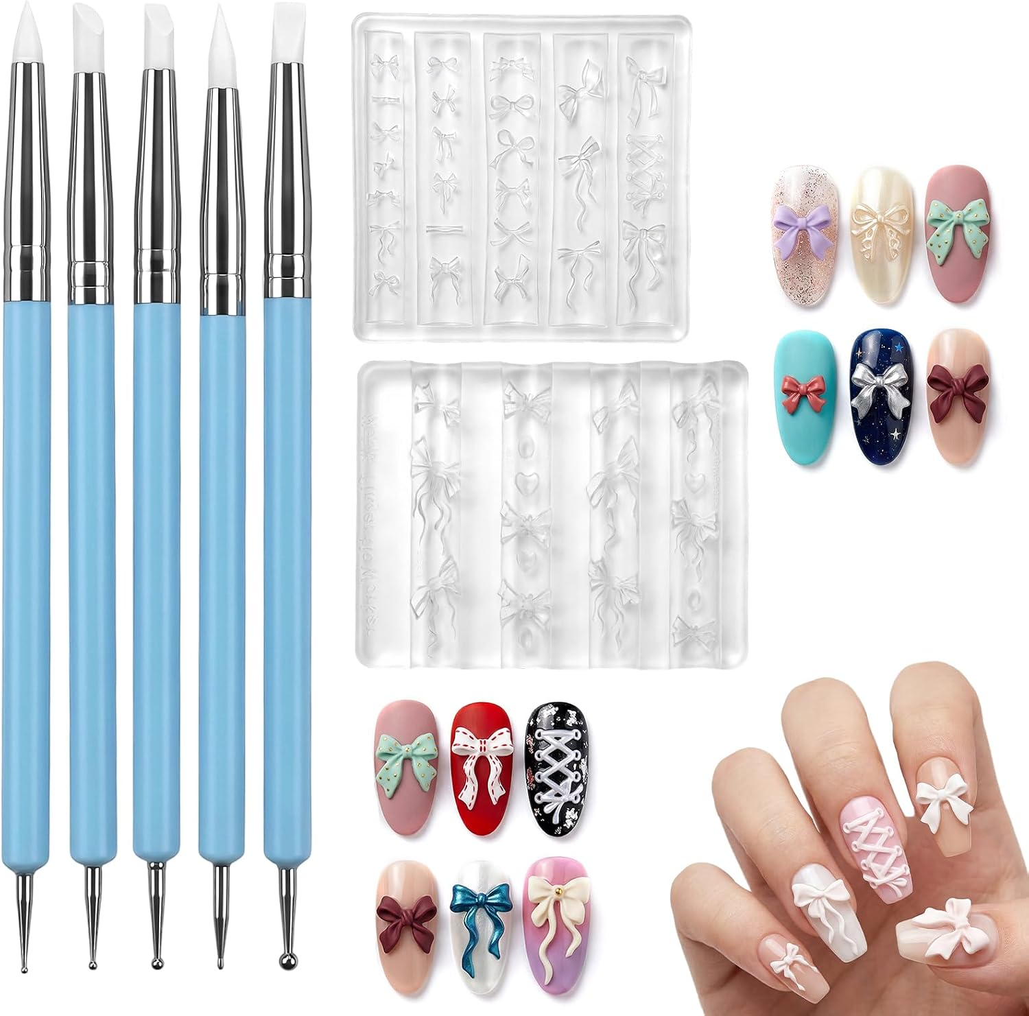 2Pcs Bowknot Silicone Nail Art Molds with 5 Carving Pen 3D Gel Bow Nail Charm Mould Carving Template Stencil Nails Art Mold Manicure Tools DIY Manicure Sculpture Molds for Women Home Salon Decor