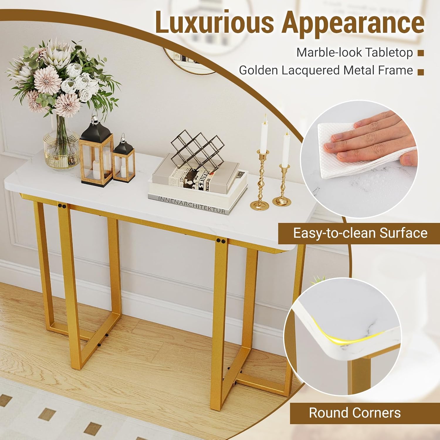 GOFLAME 42” Gold Console Table, Modern Behind Couch Sofa Table with Faux Marble Top & Golden Coated Metal Frame, Narrow Entryway Tables with Storage for Living Room, Hallway, Entry (White)