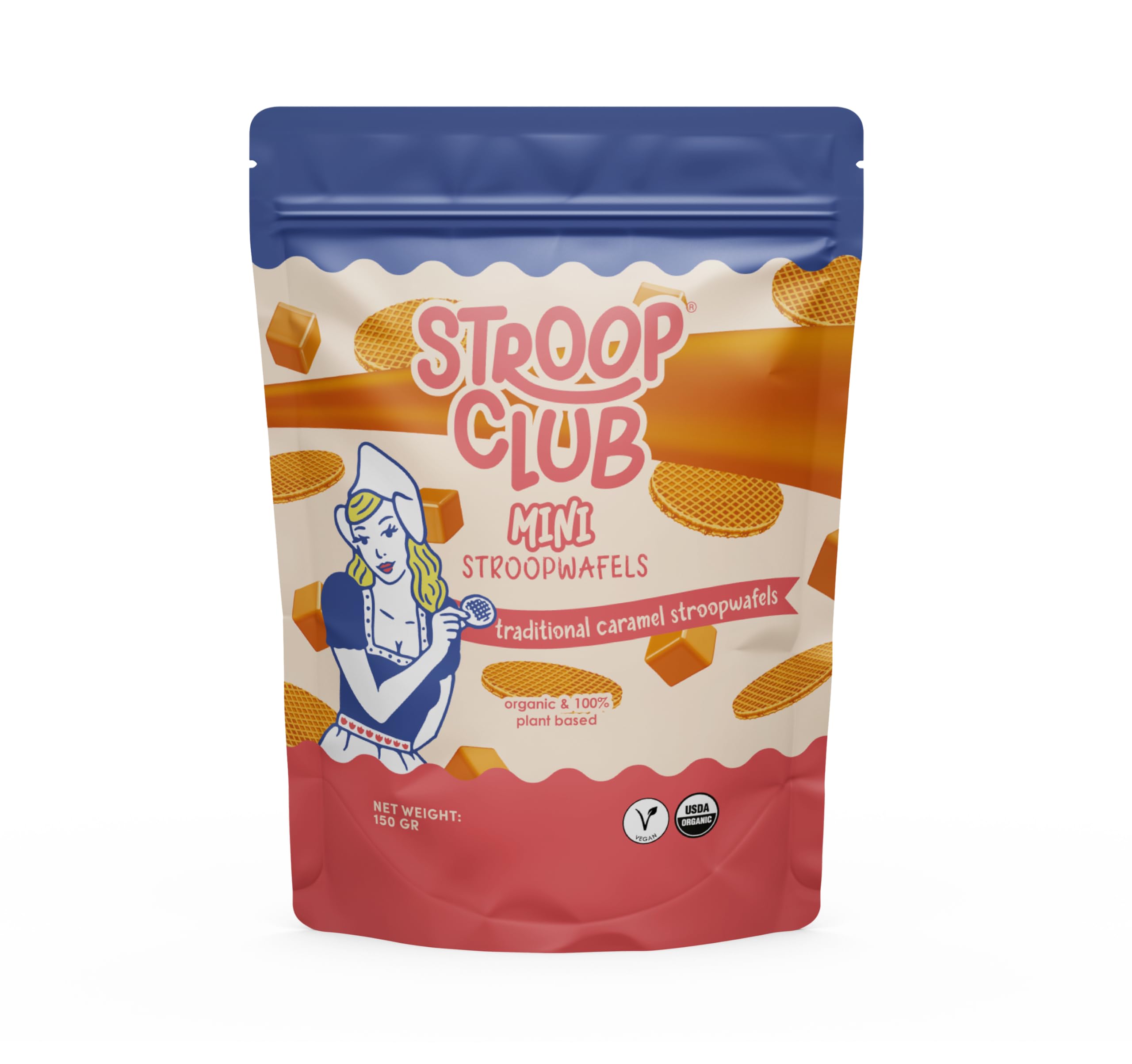 Stroop Club Traditional Organic Mini Stroopwafel Caramel Treats | Vegan, Plant-Based and Dutch-Approved Indulgence - Vegan Waffle cookies (pouch 150gr)