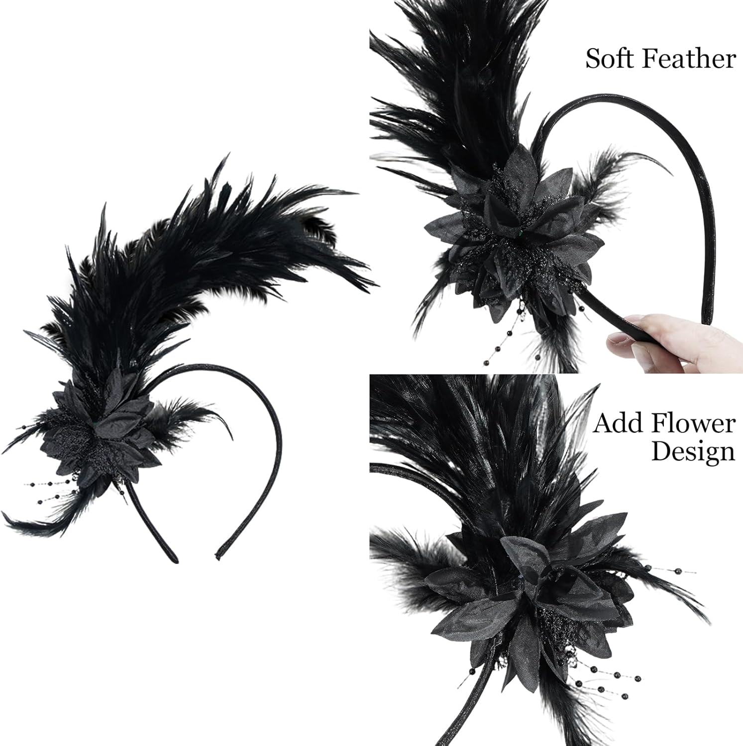 Feathers Fascinator Headband 1920s Queen Headpiece Fascinators Hats for Women Tea Party Flower Headpiece - Image 3