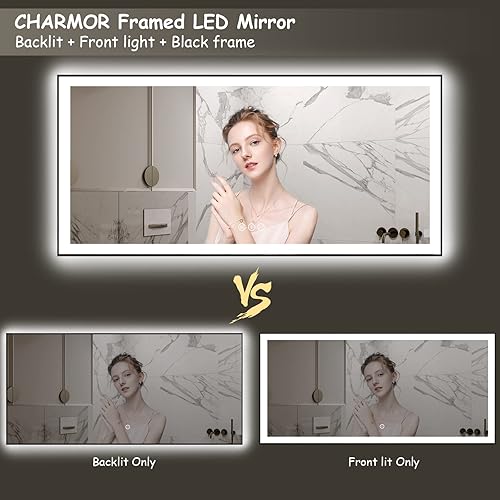 Miniatura 4 de Espejo de baño LED enmarcado de 72 x 40 pulgadas, espejo de tocador grande iluminado para pared, regulable, antivaho, a prueba de roturas, memoria
