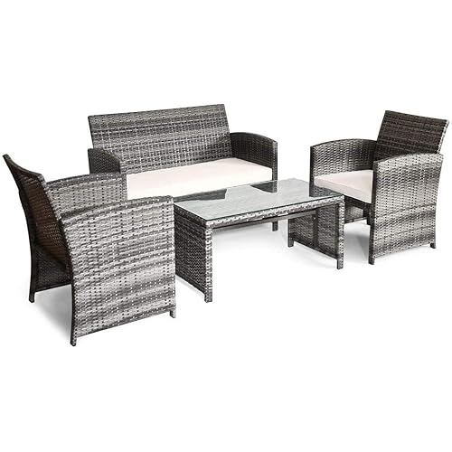 Giantex 4 Pc Rattan Patio Furniture Set Garden Lawn Sofa Cushioned Seat Mix Gray Wicker