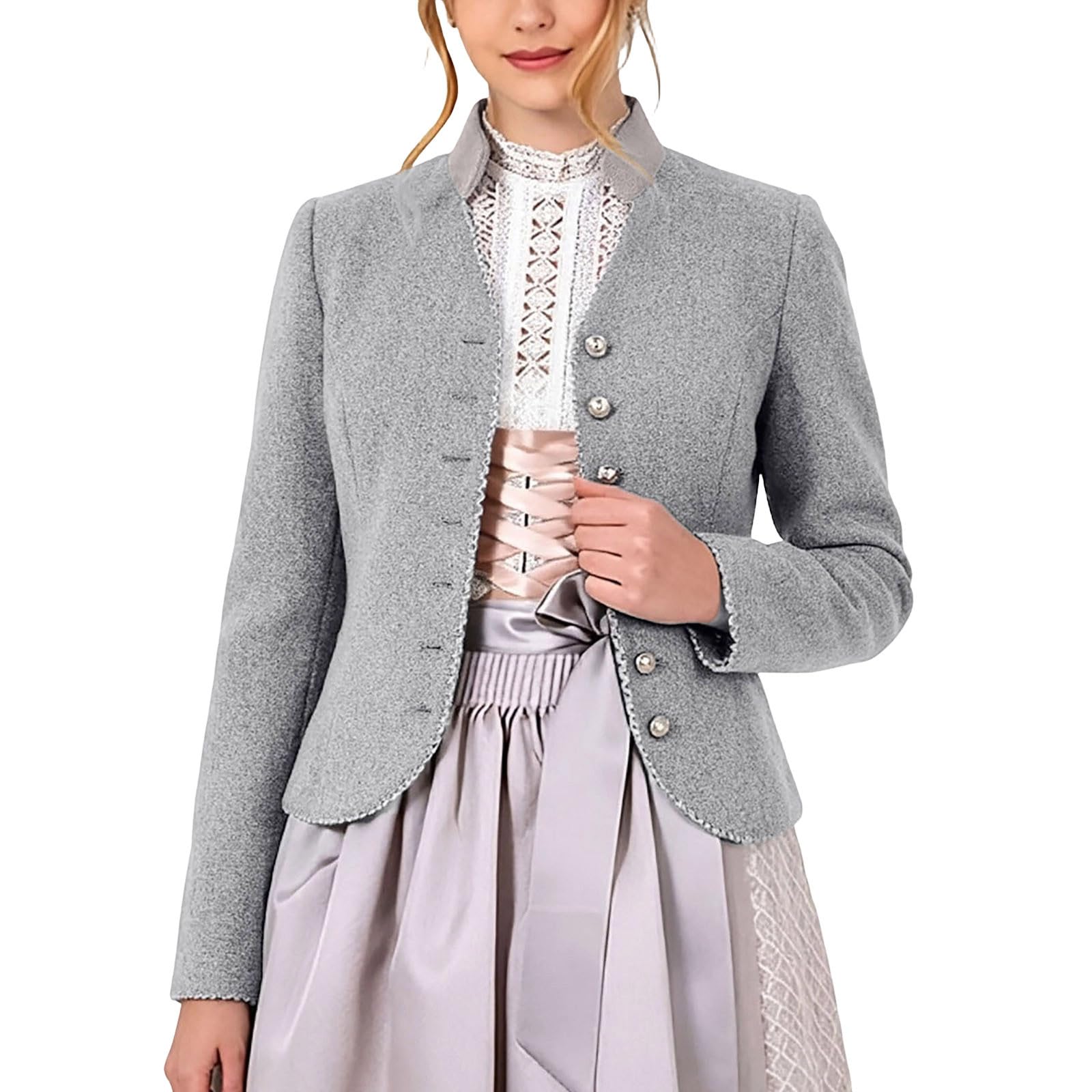 Trachtenjacke Damen Kurze Wolljacke Stehkragen Dirndl Jacke Traditionelle taillierte Lodenjacke Festliche Trachtenblazer Elegante Wolle Trachtenjanker Oktoberfest Trachten Dirndljacke