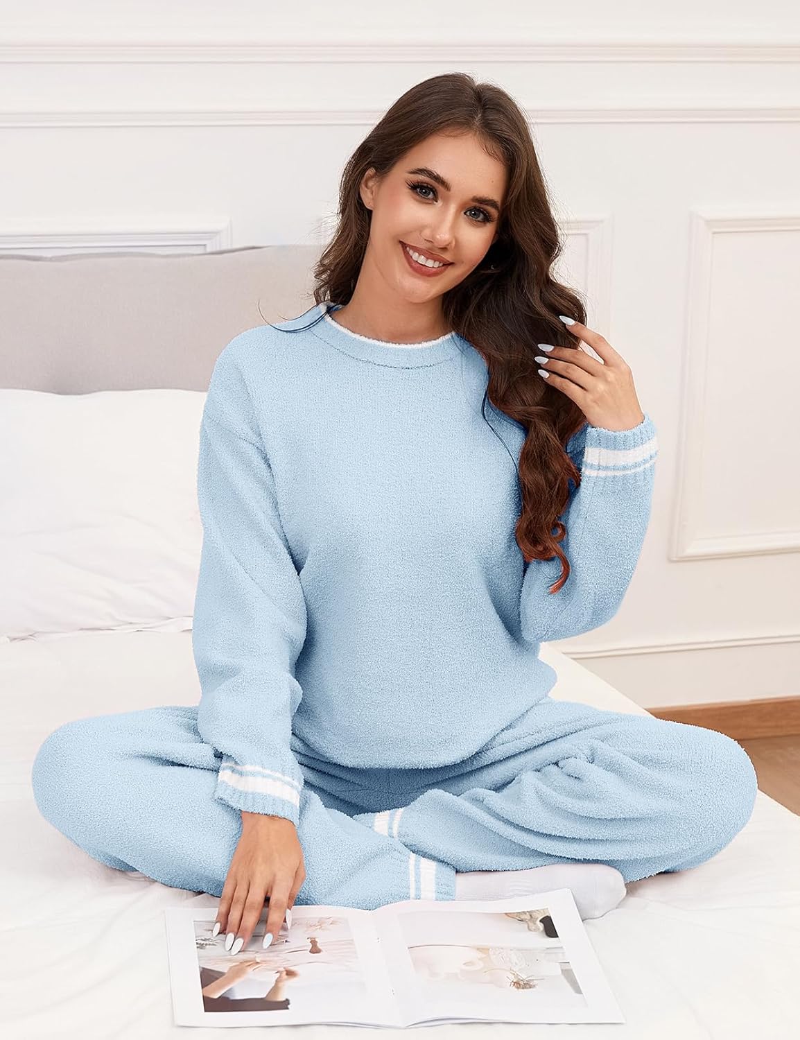 Fleece Pajamas Sets for Women - Warm Winter Cozy Fuzzy Lounge Sets Soft Comfy Long Sleeve 2 Peices Pj Sleepwear - Image 3