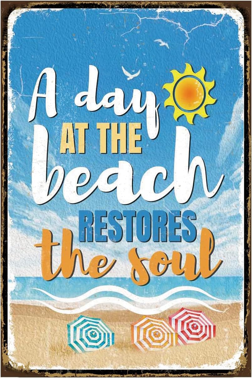 Anceky Beach Tin Metal Sign, Sky Wall Décor, a Day at the Beach Restores the Soul, Encourage for Kids Teens Women Home Office Bedroom Living Room Cafes 8x12 Inch