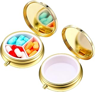 Pill Box 2Pcs Retro 3 Compartment Small Pill Case & 1 Compartment Metal Pill Organizer Holder Waterproof Mini Travel Pill Case for Pocket Purse Hold Vitamins Medication Supplements Fish Oil(Gold)
