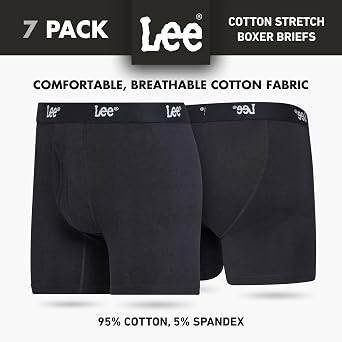 Lee Mens Underwear, 7 Pack Cotton Stretch Tagless Breathable Boxer Briefs