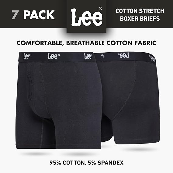 Lee Mens Underwear, 7 Pack Cotton Stretch Tagless Breathable Boxer Briefs