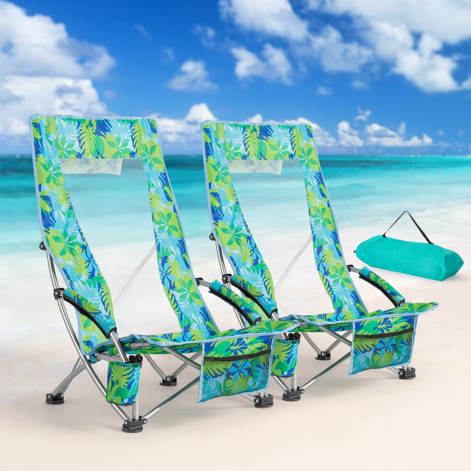 Bonnlo Folding Beach Chair Set of 2, Camping Chairs Low Lightweight for Adults with Cup Holder & Storage Pocket, Portable Outdoor High Back Chairs for Beach Picnic Fishing Garden, Leaf Pattern — image 1