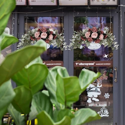 Vista 8 de Corona de arco colgante de 30 pulgadas para puerta delantera, guirnalda floral con peonías y hojas de eucalipto, peonía artificial con letrero