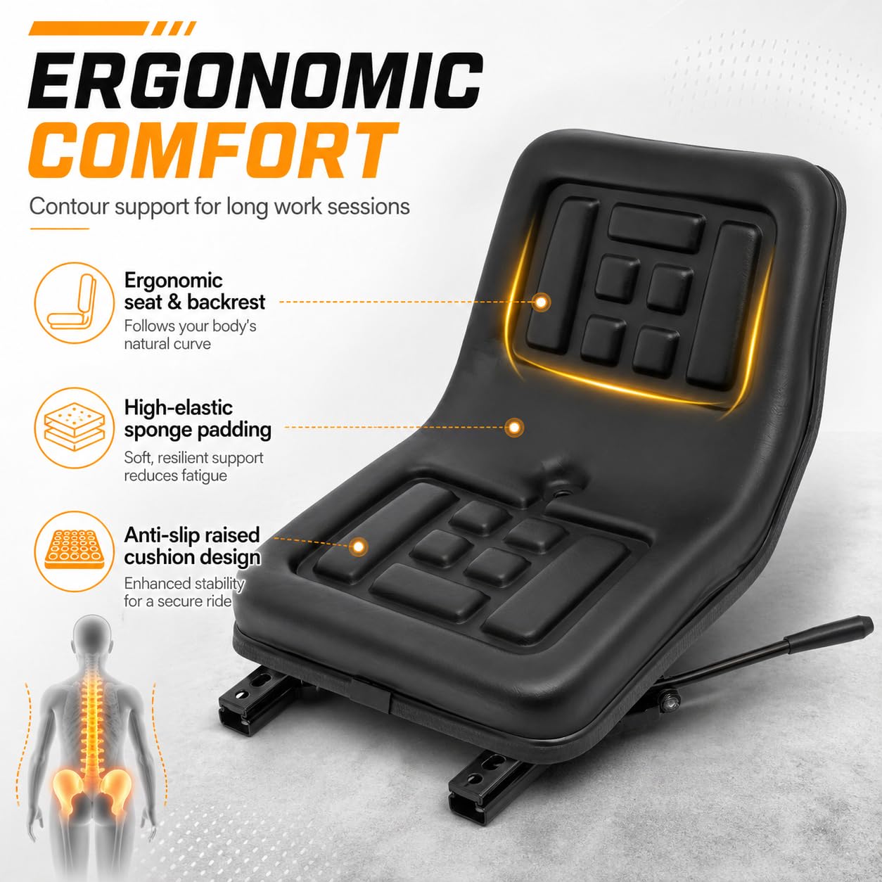 Seggiolino Universale per Trattore e Mini Escavatore - Imbottito, Impermeabile, per Carrello Elevatore - 36 x 35 x 30 cm, Nero