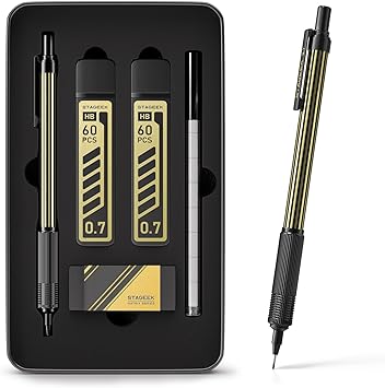 STAGEEK 0.7mm Mechanical Pencil with Metal Gift Case, 1PCS Metal Mechanical Pencil with 120Pcs HB Lead Refills,4B Erasers and 9PCS Eraser Refills, for Writing Drafting Drawing and SketchingGold