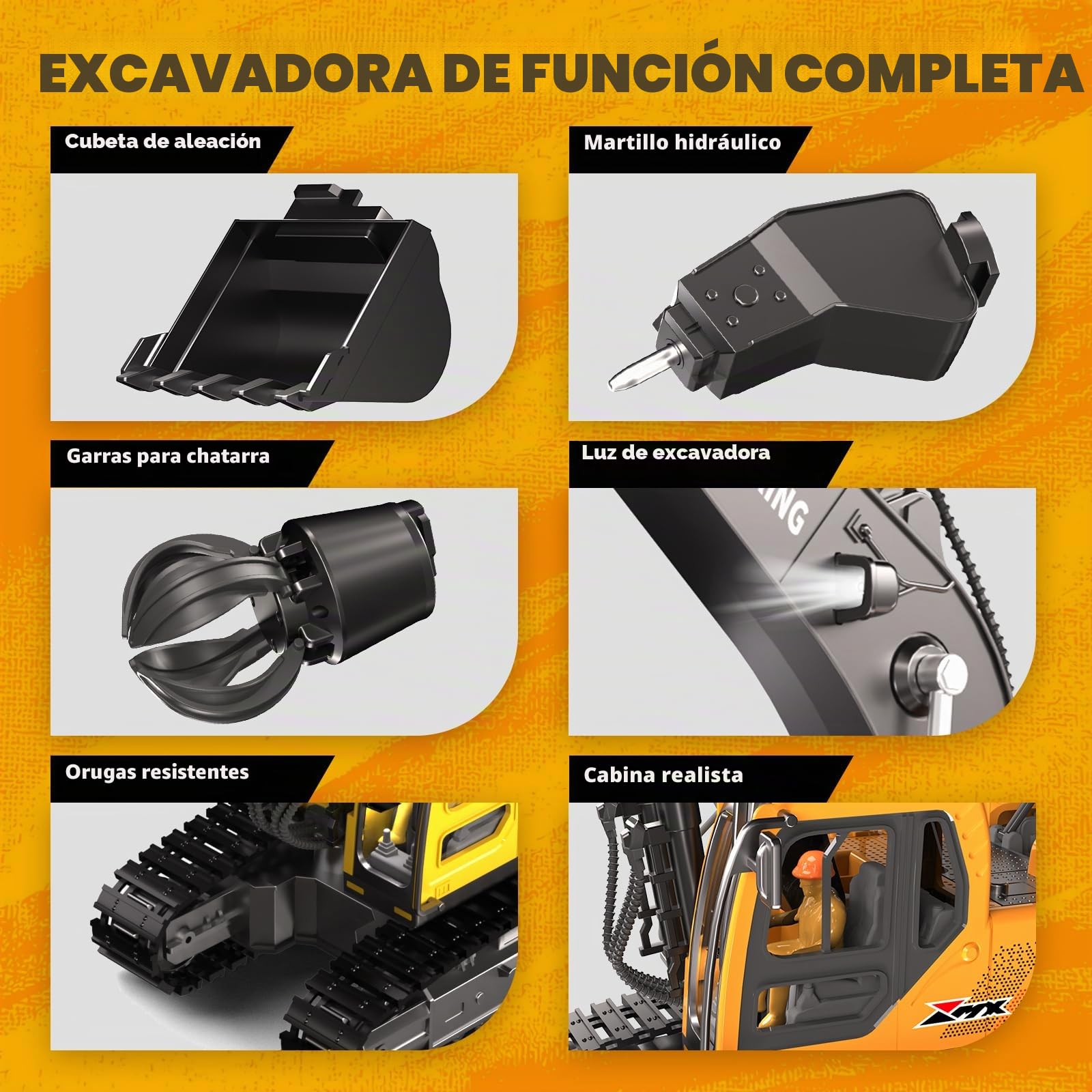 GraceDuck Excavadora Juguete RC 3 en 1 de Control Remoto 2.4GHz – Juguetes de Playa y Construcción con Pala de Aleación, Trituradora y Garra, Giro de 680°, Vehículo de Obra para Niños de 6 a 12 Años
