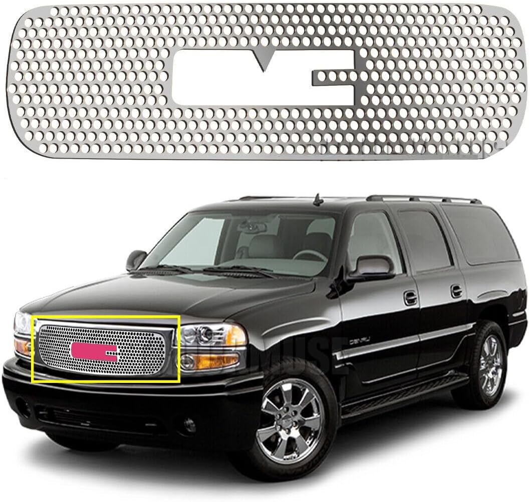 MYXAUTO Stainless Steel Round Hole Grille Insert Fits 1999-2002 GMC Sierra 1500/2500/2001-2006 GMC Yukon Upper Silver Truck, SUV Grille