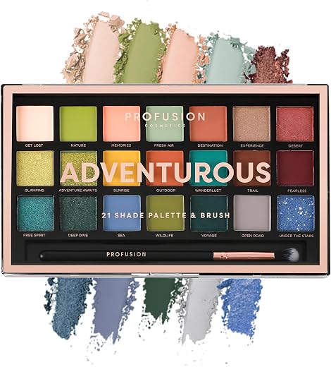 Profusion Cosmetics Adventurous 21 Shade Eyeshadow Palette &amp; Brush - Earthy Tones, Rich Pigments, Blendable Colors - 33.6g