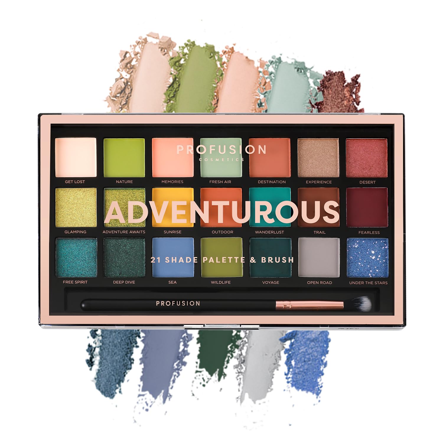 Profusion CosmeticsAdventurous 21 Shade Eyeshadow Palette with Brush, Earth-Toned Pigments, Vegan, Cruelty-Free, Matte and Shimmer Finishes for Creative Looks