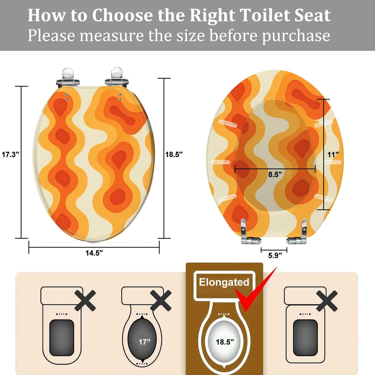 Elongated Toilet Seat Graphic wavy 70 pattern yellow orange beige Resin Toilet Seat Quietly Close Quick Release Hinges with Cover Bumpers Decorative Easy to Install Clean