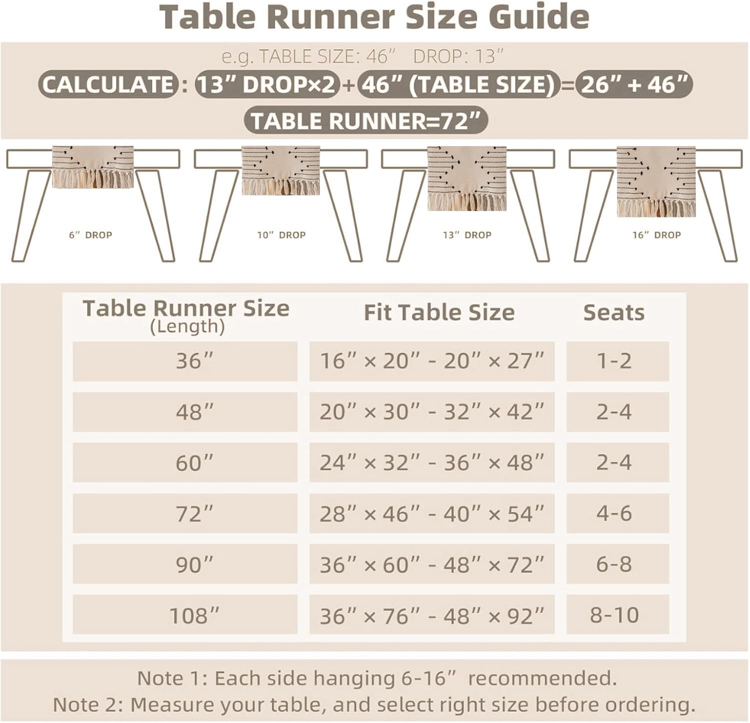 Joyfol Day Boho Table Runner, Farmhouse Stripe Cotton Table Runners with Tassels for Home Dining Table Decor, Rustic Natural Woven Dresser Scarf (Beige&Grey,13 x 108 Inch)