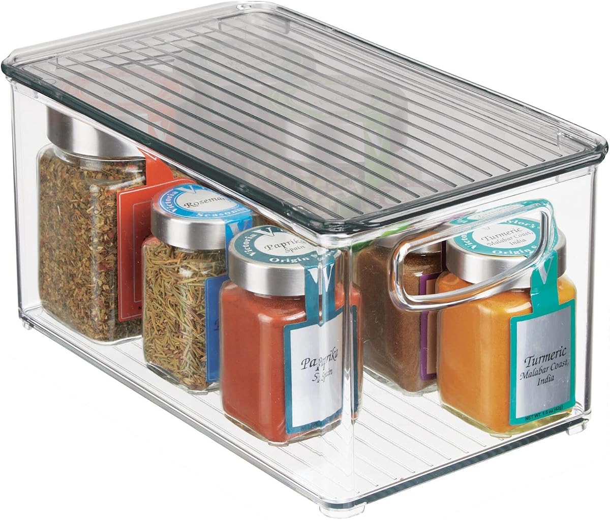 mDesign Caja de almacenamiento profunda de plástico con tapa y asas integradas - Organización para frutas, aperitivos o alimentos en la despensa, armario o armario de la cocina, colección Ligne, transparente/gris humo