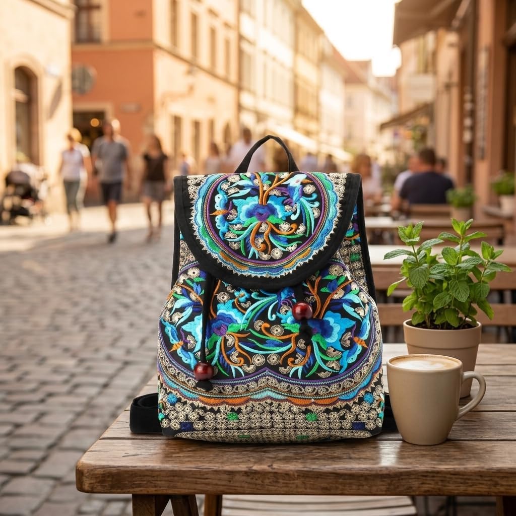 Embroidered Backpack Purse Canvas Ethnic Floral Mini Bag