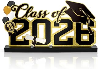 Metal Class of 2026 Sign Graduation Tabletop Decor Congrats Grad Party Decor Freestanding Tabletop Centerpiece with Wooden Base Cutout Word Sign for Home Indoor Centerpiece