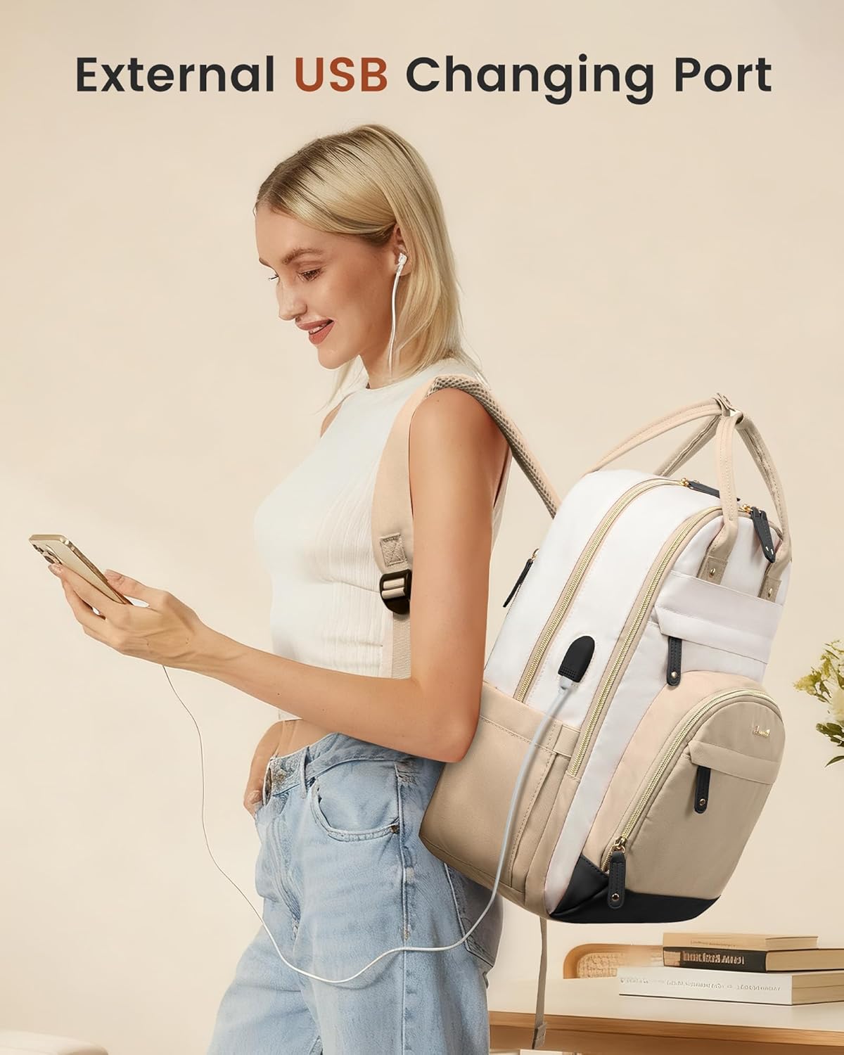 LOVEVOOK Backpack for Women,Laptop Backpack Women,Fits 17 Inch Laptop Bag,School Backpacks,Fashion Travel Work Anti-theft Bag,Waterproof Business Computer College Backpack Purse,Beige-Khaki-Black - Image 2