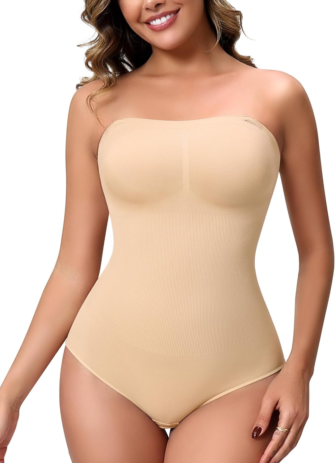 Strapless Shapewear for Women, Shapewear Tummy Control Bodysuit, Seamless Body Suit Brief Body Shaper, Nude, Small