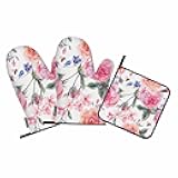 Samgula Pink Roses Oven Mitts and Pot Holders Sets Flower Garden Vintage Watercolor Heat Resistant 3pcs for Cooking Baking BBQ