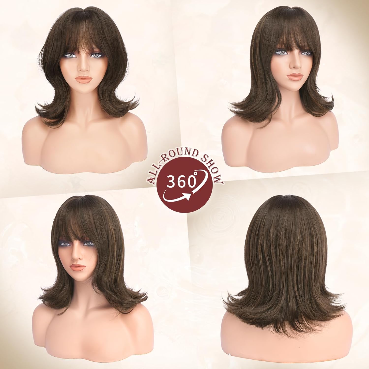FESHFEN Shoulder Length Bob Wigs with Bangs for Women - Brown with Highlights Natural Layered Wavy Synthetic Wig For Daily Party Costume Use 14 Inch