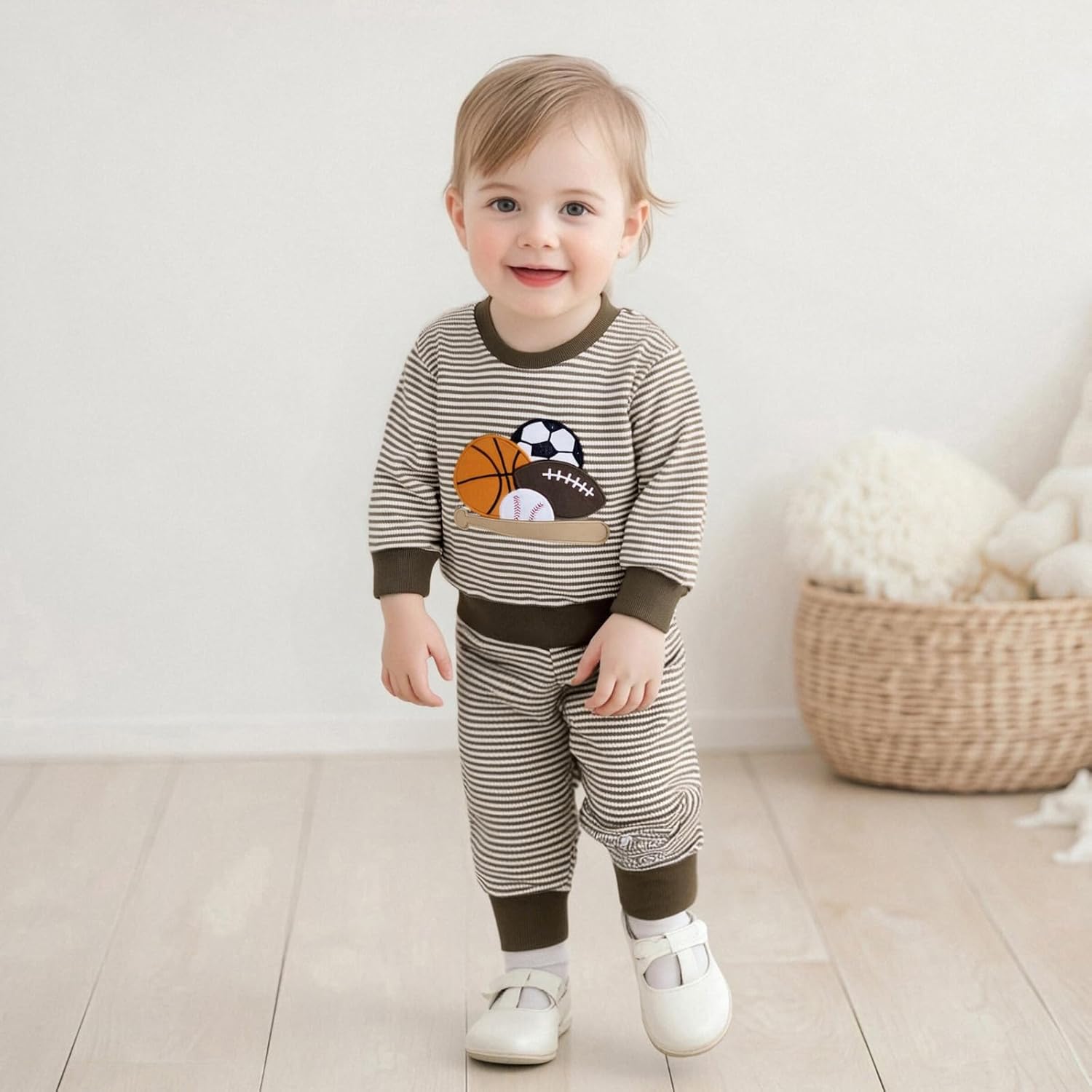ZAXARRA Toddler Baby Boy Fall Winter Outfit Striped Animal Embroidered Long Sleeve Sweatshirt Elastic Waist Pants 2Pcs - Image 2
