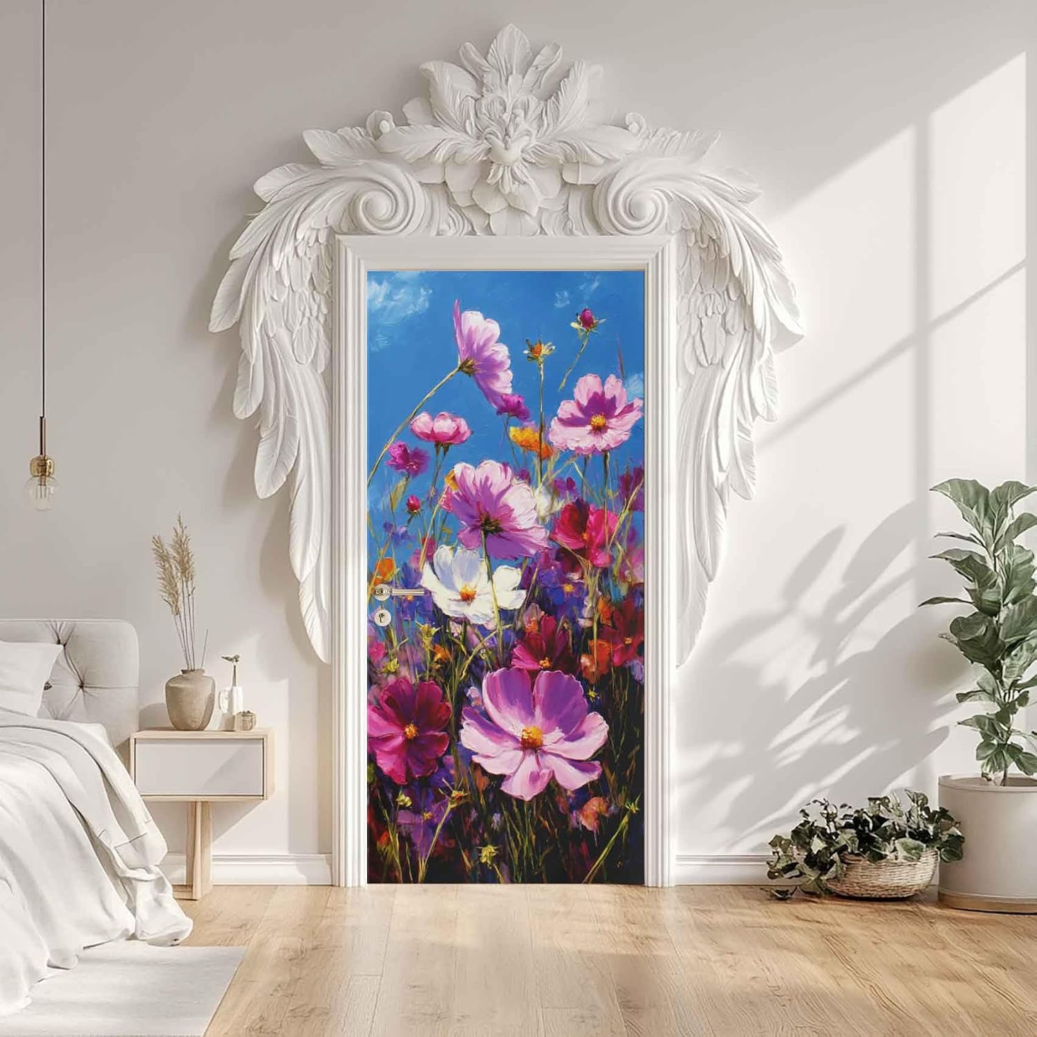 Flower Door Mural, Oil Painting Door Sticker 37 x 84, Daisy Cosmos Floral Plant
