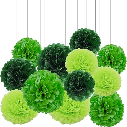 XIKSXITN 12 pompones de papel de seda verde en 3 colores para colgar, bolas de flores de papel para decoración de fiestas (8, 10 y 12 pulgadas)