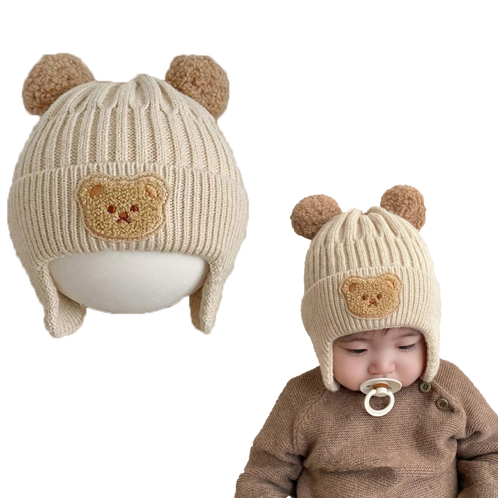 Baby Winter Beanie Hat, Baby Beanie Cap with Warm Earflaps,Toddler Infant Knitted Warm Winter Soft Cute Cap For Unisex Baby Boys And Girls