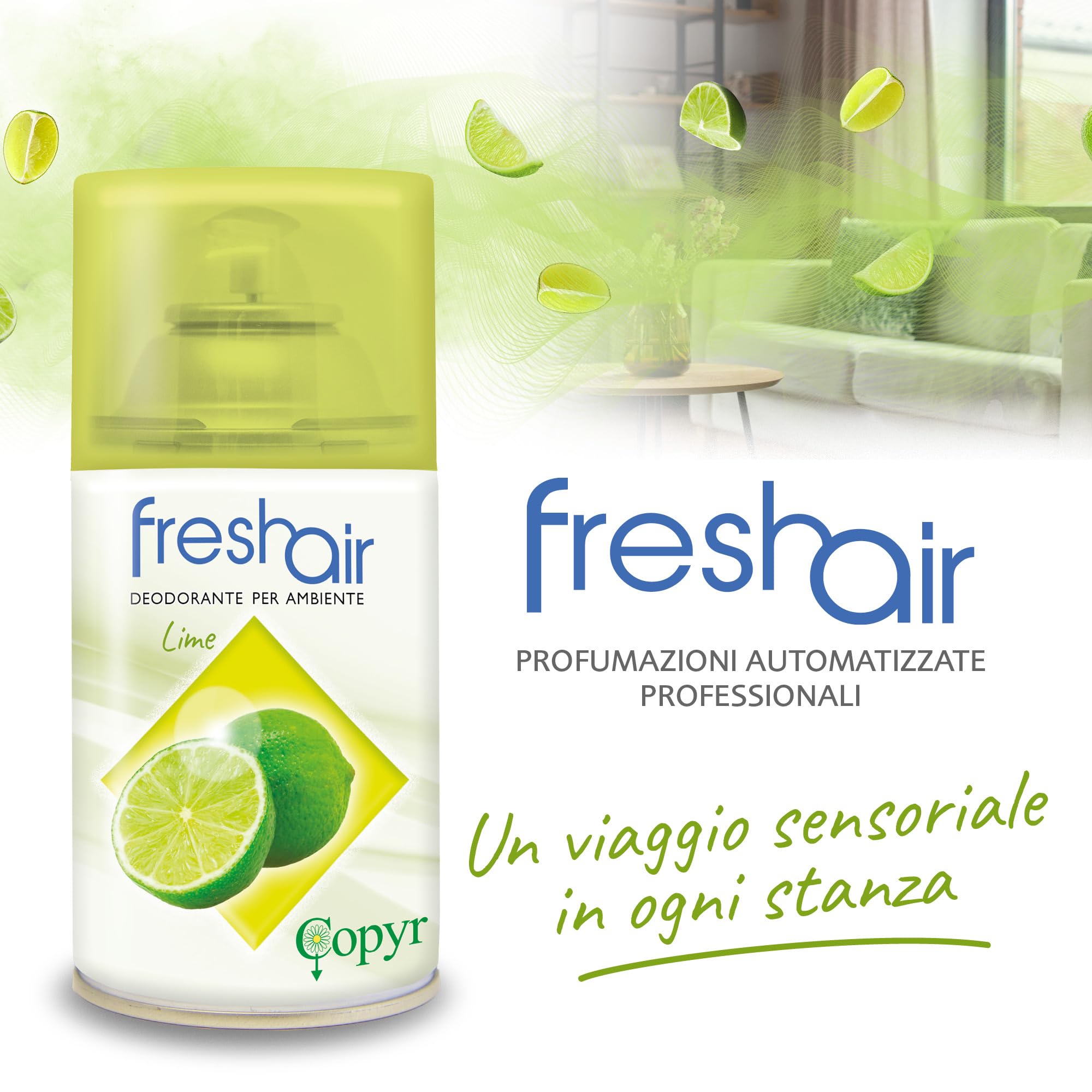 Copyr Fresh Air Lime - Deodorante Ambiente Aerosol dalla Fragranza Fresca e Agrumata, 6 Bombole Spray da 250 ml - Profumatore per Ambienti Interni, Uffici, Ho.Re.Ca - Elimina Odori fino a 100 m3