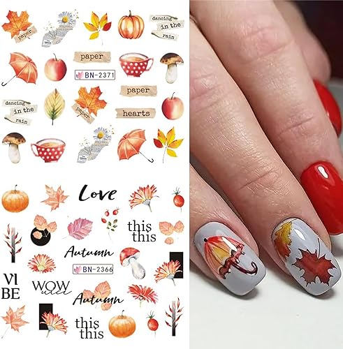 Miniatura 4 de Vezocim Calcomanías holográficas para arte de uñas, diseños holográficos de transferencia de agua de hoja de arce de otoño, hojas de otoño, hongos,