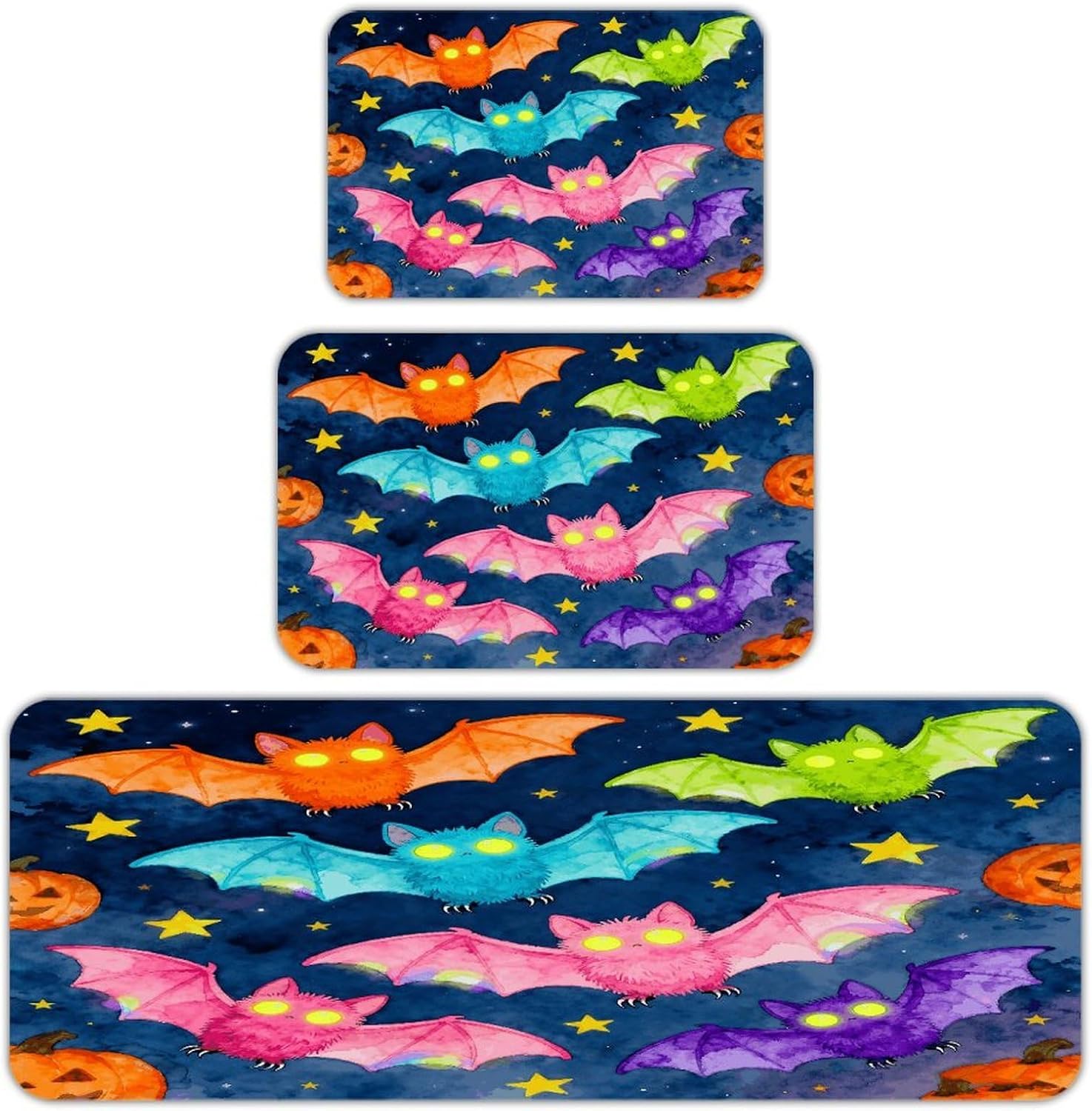 Colorful Bats Halloween Kitchen Rugs Sets of 3 Non Slip Kitchen Mat for Floor Comfort Standing Rug and Mats Thick Cushioned Long Area Carpets for Laundry Room Entryway