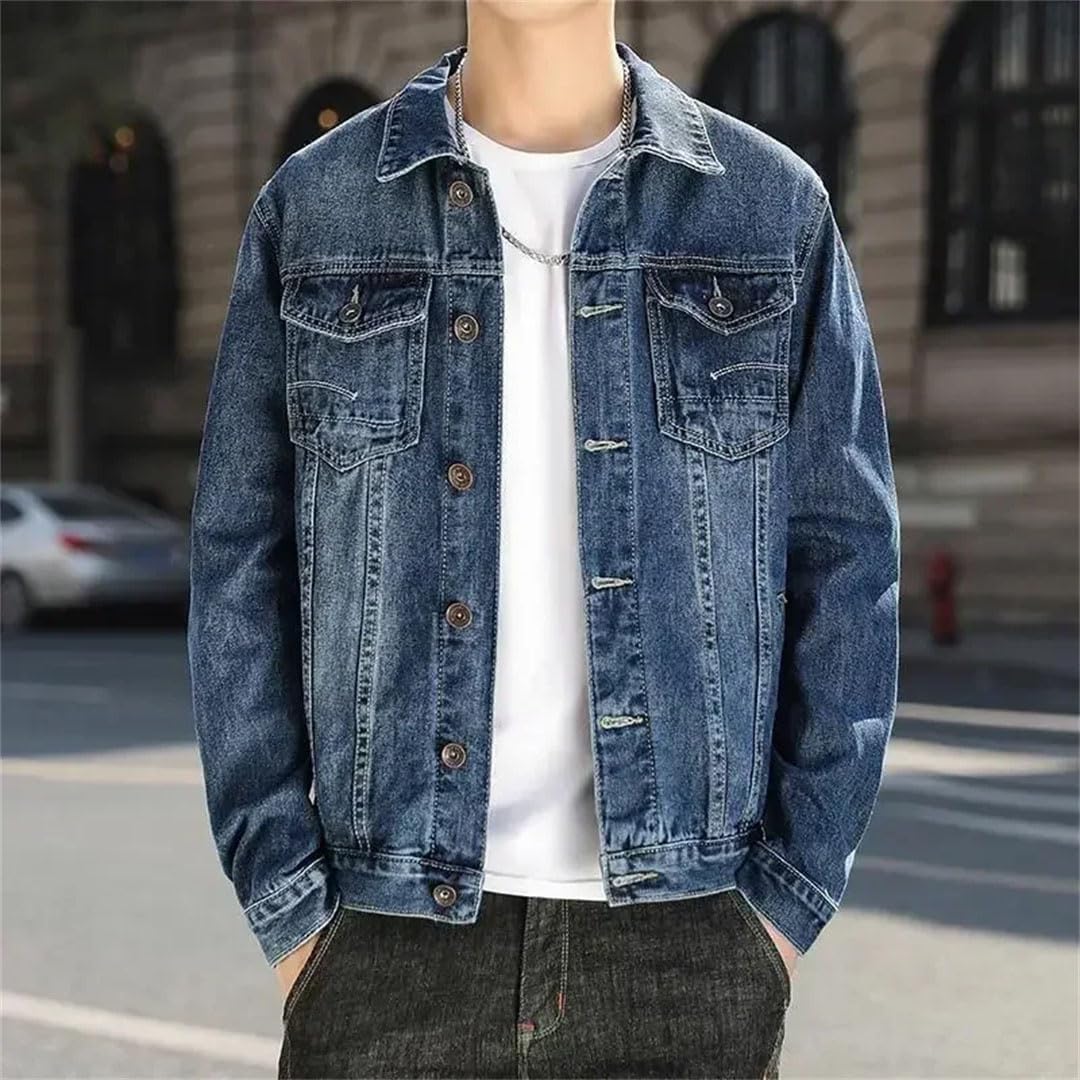 Men's Button Denim Jacket Korean Fashion Jean Coat Big Tall Outerwear