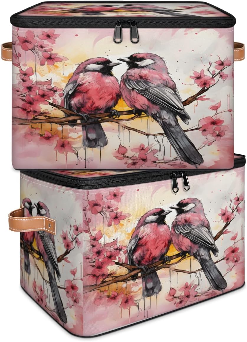 Storage Bin Set of 2 Watercolor Birds Storage Basket with Zipper Lid & Handle Foldable Closet Shelf 2 Pack Cloth Organizer Basket Cube Bins Clothes Organizer for Nursery, Bedroom