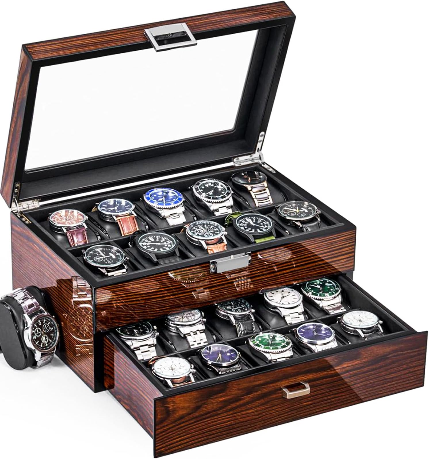 BEWISHOME Watch Box, 20-Slot Watch Case with Large Glass Lid, Wooden watch cases for men, Watch Storage, Watch Organizer, Synthetic Leather Interior, Brown ESSH04Y