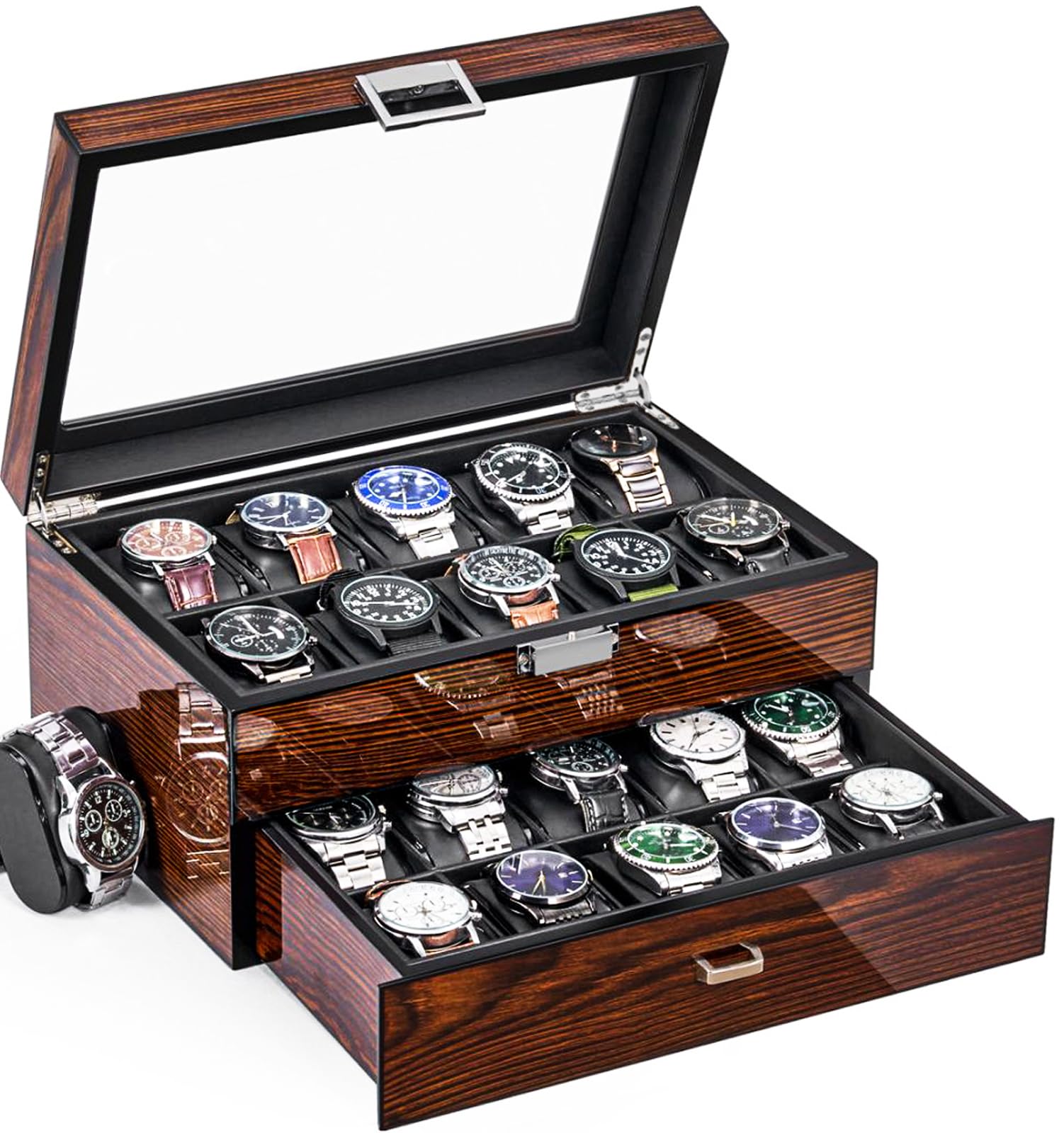 BEWISHOME High-End Watch Box, 20-Slot Watch Case with Large Glass Lid, Wooden Watch Cases for Men, Watch Storage, Watch Organizer, Synthetic Leather Interior, Brown SSH04Y