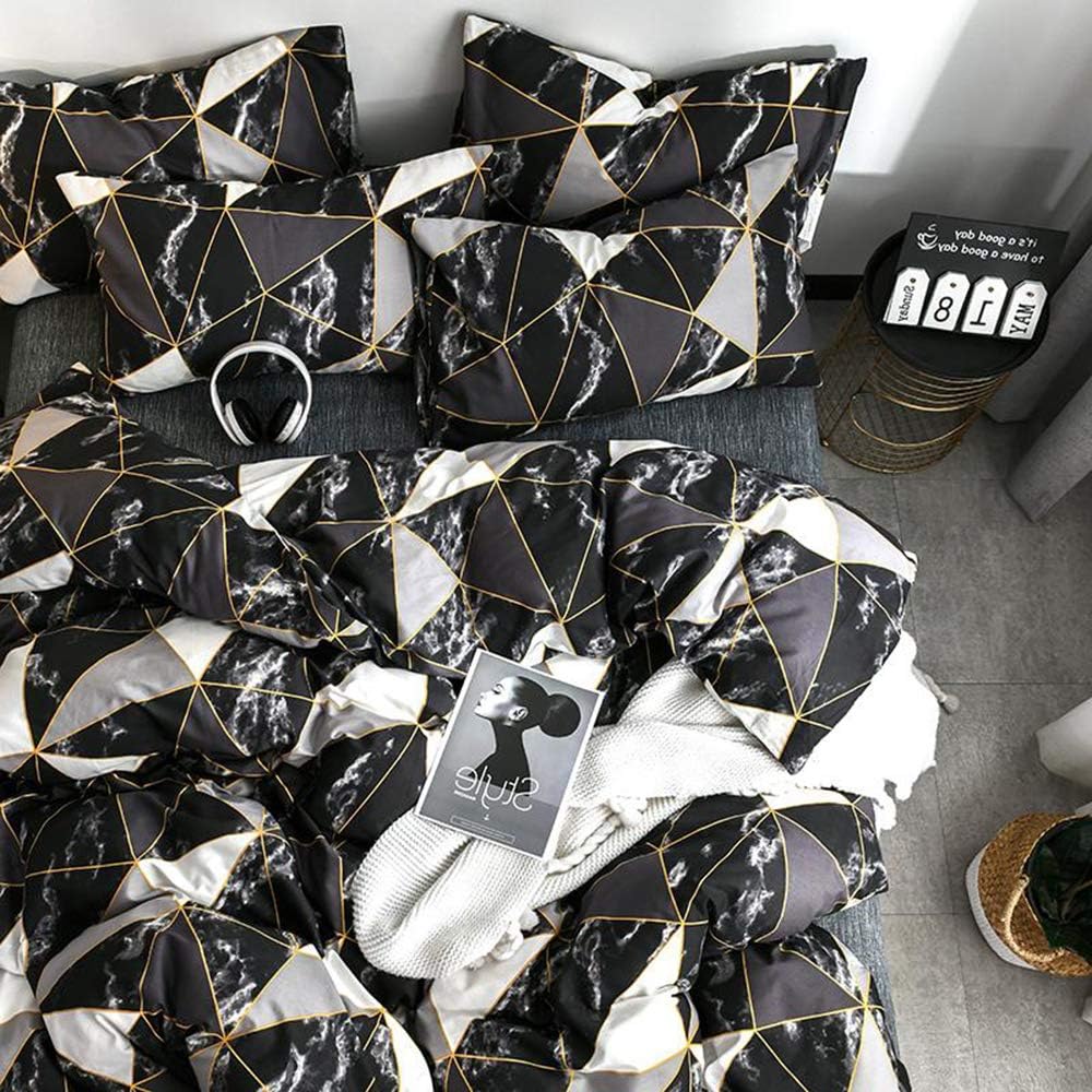 Cottonight Black Queen Comforter Set Geometric Black Marble Bedding Comforter Set Full Plaid Cotton Modern Lightweight Black White with Gold Lines Comforter for Women Men
