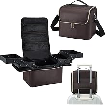 Yueieoun Large Travel Makeup Train Case, Big Makeup Bag Organizer Makeup Box,4 Tier Professional Cosmetic Storage Cases for Nail Tech Tattoo Storage Bag for with luggage Sleeve,Brown