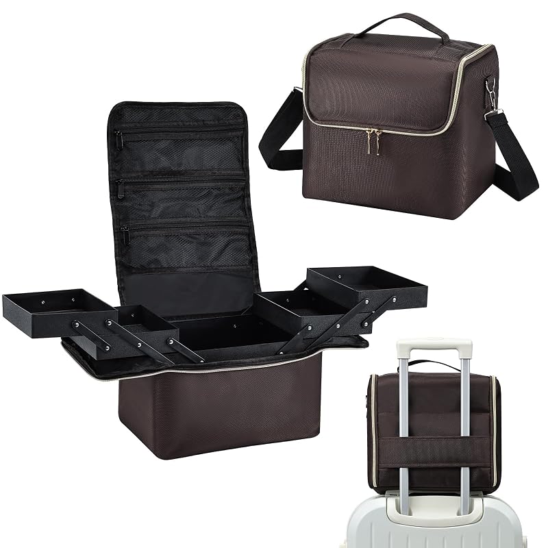 Yueieoun Maleta de Maquiagem para Viagem com 4 Compartimentos, Tecido Oxford Marrom, Alça para Mala, Modelo M06J